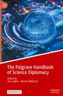 "The Palgrave Handbook of Science Diplomacy," rot-weiß gestaltet, zeigt blaue, digitale Muster und Kugel. "OPEN ACCESS"-Hinweis.