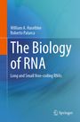 "William A. Haseltine, Roberto Patarca. The Biology of RNA: Long and Small Non-coding RNAs. Springer." Hintergrund in Blau- und Orangetönen.