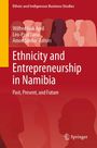 Text: "Ethnicity and Entrepreneurship in Namibia: Past, Present, and Future." Rote Silhouetten von Gesichtern auf einem roten Hintergrund.