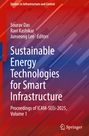 Text: Sustainable Energy Technologies for Smart Infrastructure. Hintergrund: Abstraktes, geometrisches Muster in Rot und Blau.