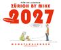 Texte: "ZÜRICH BY MIKE 2027", "FREUND*INNEN", "MONATSKALENDER", "edition moderne". Eine Illustration mit zwei Figuren und Hund.