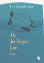 Text: "Urs Augstburger", "Als der Regen kam", "Roman". Illustration einer Schildkröte auf blauem Hintergrund mit weißem Hand-Logo.