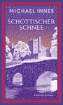 "Michael Innes: Schottischer Schnee. Kriminalroman. Illustration einer verschneiten Burg mit Steinbrücke in lila Tönen."