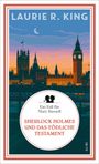 Titel: "Sherlock Holmes und das tödliche Testament". Illustration von London mit Big Ben und Themse bei Sonnenuntergang.