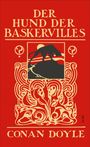 "Der Hund der Baskervilles", Illustration: Ein schwarzer Hund vor rotem Hintergrund, stilisierte Naturmuster.