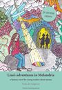 Oberer Text: "the adventure continues". Titel: "Lisa’s adventures in Melandria". Illustration: Mädchen sitzt in bunter Landschaft.