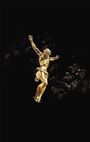 Keine Texte vorhanden. Eine goldene Christusfigur schwebt vor einem dunklen Hintergrund mit floralen Mustern.