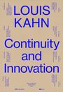 Großer, blauer Text: "LOUIS KAHN Continuity and Innovation". Verschiedene kleinere Texte wie Namen und Themen gruppiert.
