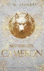 C. M. Spoerri, New York Beta, Cameron, Sternensand Verlag. Ein goldener Wolfskopf auf verschnörkeltem, weißem Hintergrund.