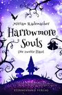 Titel: "Harrowmore Souls - Die zweite Haut" von Miriam Rademacher. Silhouetten eines Zwergs und Pilzes vor Mond.