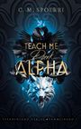 "TEACH ME DARK ALPHA" in großen Buchstaben, ein weißer Wolfskopf mit blauem Leuchten, schwarze Blumen, glitzernde Edelsteine.