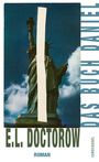 Text: "E.L. Doctorow, Das Buch Daniel, Roman, Lenos Babel." 
Statue mit Himmel und Wolken, abgedeckt von weißem Streifen.
