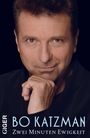Text: "GIGER BO KATZMAN Zwei Minuten Ewigkeit." Ein Mann schaut nachdenklich mit der Hand am Kinn.