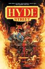"Hyde Street" in großer Schrift. Illustration: Zwei Personen an einer Bar, umgeben von Flammen, ein schlafender Hund darunter.