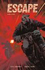 "ESCAPE Band Eins" in großen Buchstaben. Illustration: Ein maskiertes Wesen auf einem Motorrad, verfolgt von anderen Fahrern.