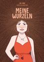 „MEINE WURZELN“. Illustration einer Frau mit lockigem Haar und roten Ohrringen. Sie trägt ein rotes Kleid und eine Halskette.