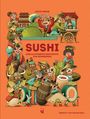 „Sushi: Eine illustrierte Geschichte zum Reinbeißen“ von Dávid Soboň. Bunte Figuren, Fische und Sushi-Gerichte.