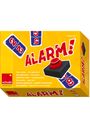 ALARM! Flink addiert – flott gebuzzert. Gelbe Box mit rotem Knopf, Spielkarten mit Zahlen. Logo: Schubi Westermann.