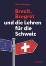 Text: "Brexit, Bregret und die Lehren für die Schweiz". Zwei Schilder, EU-Flagge links, Schweizer Flagge rechts.