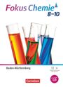 „Fokus Chemie 8-10“, „Baden-Württemberg“, „Cornelsen“, „Neue Ausgabe G9“. Reagenzgläser mit bunten Flüssigkeiten.