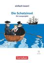 "einfach lesen! Die Schatzinsel Ein Leseprojekt. Illustration: Drei Personen im Ruderboot, Segelschiff im Hintergrund. Cornelsen."