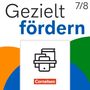 "Gezielt fördern 7/8" und "Cornelsen". Farbige Kreise, orange, blau, grün, daneben ein Buch- und Drucker-Icon.