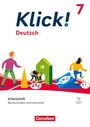 "Klick! Deutsch 7. Arbeitsheft Rechtschreiben und Grammatik. Drei Personen, Buchstaben, Zahlen und Symbole auf buntem Hintergrund."