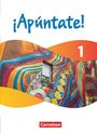 Text: "¡Apúntate!", "1", "Cornelsen".  
Bunt bemaltes Gebäude mit Fenster, Gelb- und Rottöne.