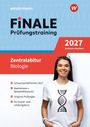 "FINALE Prüfungstraining 2027, Nordrhein-Westfalen, Zentralabitur Biologie. Frau mit DNA-Logo auf T-Shirt, lächelnd."
