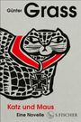"Günter Grass, Katz und Maus, Eine Novelle, S. Fischer." Illustration einer Katze mit rotem Band und schwarzem Kreuz.