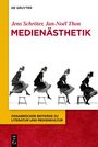 "MEDIENÄSTHETIK", Schröter, Thon; Frau springt über Hocker, schwarz-weiß, gelber Rand, rote Fläche unten.
