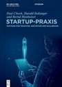 Titel: "STARTUP-PRAXIS". Blaue, digitale Illustration einer Rakete, die von einem Tablet aus startet.