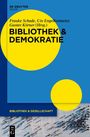"Bibliothek & Demokratie" in großen Buchstaben, blaue und gelbe Kreise, Menschen in Vogelperspektive.