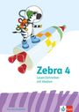 Text: "Zebra 4. Lesen | Schreiben mit Medien. Für die Ausleihe."
Illustration: Ein Zebra im Astronautenanzug auf einer Rakete.