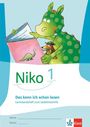 "Niko 1. Das kann ich schon lesen. Lernstandsheft zum Lesefortschritt. Illustration: Grüner Dinosaurier liest Buch."