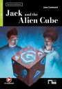 „Jack and the Alien Cube“, Jane Cammack. Zwei Personen staunen über einen leuchtenden Würfel mit blauen Symbolen.