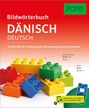 Text: "Bildwörterbuch DÄNISCH DEUTSCH", "16.000 Wörter & Wendungen", "der Baustein", "grün grøn", "Alle Wörter zum Anhören...". Logo: PONS. Darunter bunte Bausteine.