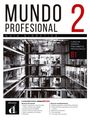 „MUNDO PROFESIONAL 2 GÚIA DIDÁCTICA“. Schwarz-weißes Bild eines modernen Bürogebäudes; stilvolles, urbanes Design.
