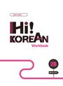 Text: "Hi! Korean Workbook". Oben links ist ein Suchfeld. Unten ist eine pinke Linie mit einer runden Kurve.
