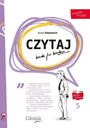 „CZYTAJ krok po kroku“, „proste historie 5“. Illustration: Mann im Anzug, lila-gelber Kreis, roter Akzent.