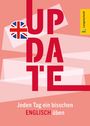 "UP DATE", "Jeden Tag ein bisschen ENGLISCH üben". Rot-weißes Design, britische Flagge, Langenscheidt-Logo.