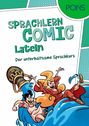 Text: „SPRACHLERN COMIC Latein. Der unterhaltsame Sprachkurs”. Zwei Figuren gleiten fröhlich auf einer Welle.
