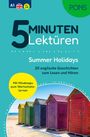 "5 MINUTEN Lektüren", "Summer Holidays", "20 englische Geschichten", "Mit Mindmaps", bunte Strandhütten, blauer Himmel.