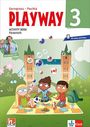 "PLAYWAY 3: Activity Book Förderheft mit Audios und Videos. Illustration: Drei Kinder picknicken vor einer Brücke."
