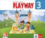 Titel "Playway 3". Drei Kinder picknicken auf einer Decke vor einer Brücke.
