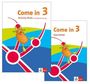 "Come in 3 Activity Book mit Mediensammlung" und "Come in 3 Smartbook". Illustration mit orangefarbenem Wesen auf grafischem Muster.