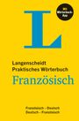 „Mit Wörterbuch-App" in einem schwarzen Kreis. Blauer Buchstabe „L“ auf gelbem Hintergrund. „Langenscheidt Praktisches Wörterbuch Französisch“.