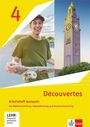 Text: "4 Découvertes, Arbeitsheft kompakt." Oben: junger Mann mit Skateboard. Rechts: Turm. Unten: Klett-Logo.