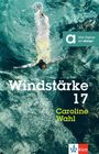 "Alles Digitale auf allango!" "Windstärke 17" von Caroline Wahl. Ein Mensch schwimmt in klarem, blauem Wasser. Klett-Logo unten.