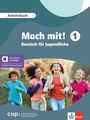 Arbeitsbuch: Mach mit! Deutsch für Jugendliche. Vier fröhliche Kinder laufen. Klett und ciip Logos unten.